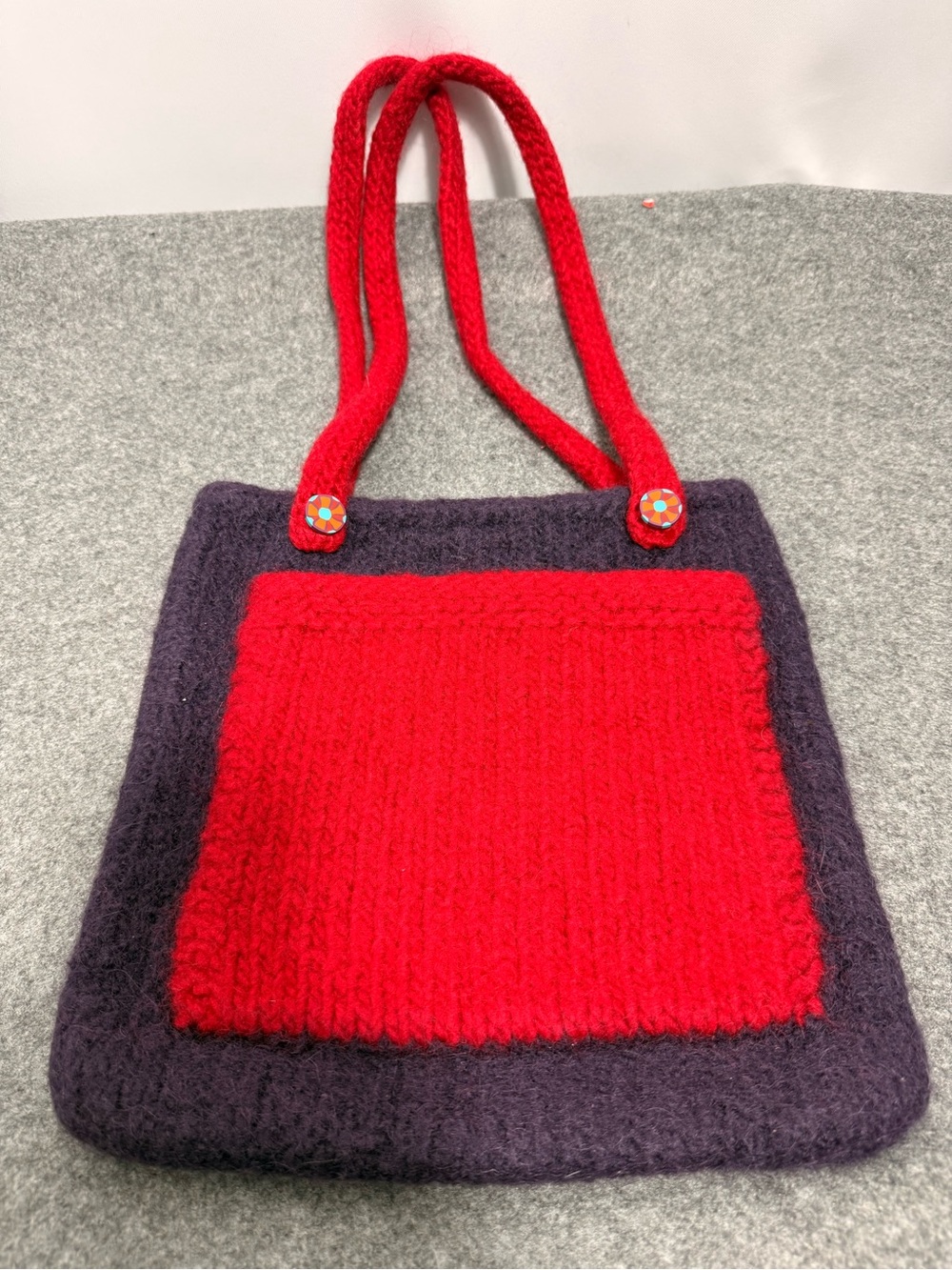 Handmade Felted Wool Colorblock Shoulder Bag Boho Artsy Retro Purple Red